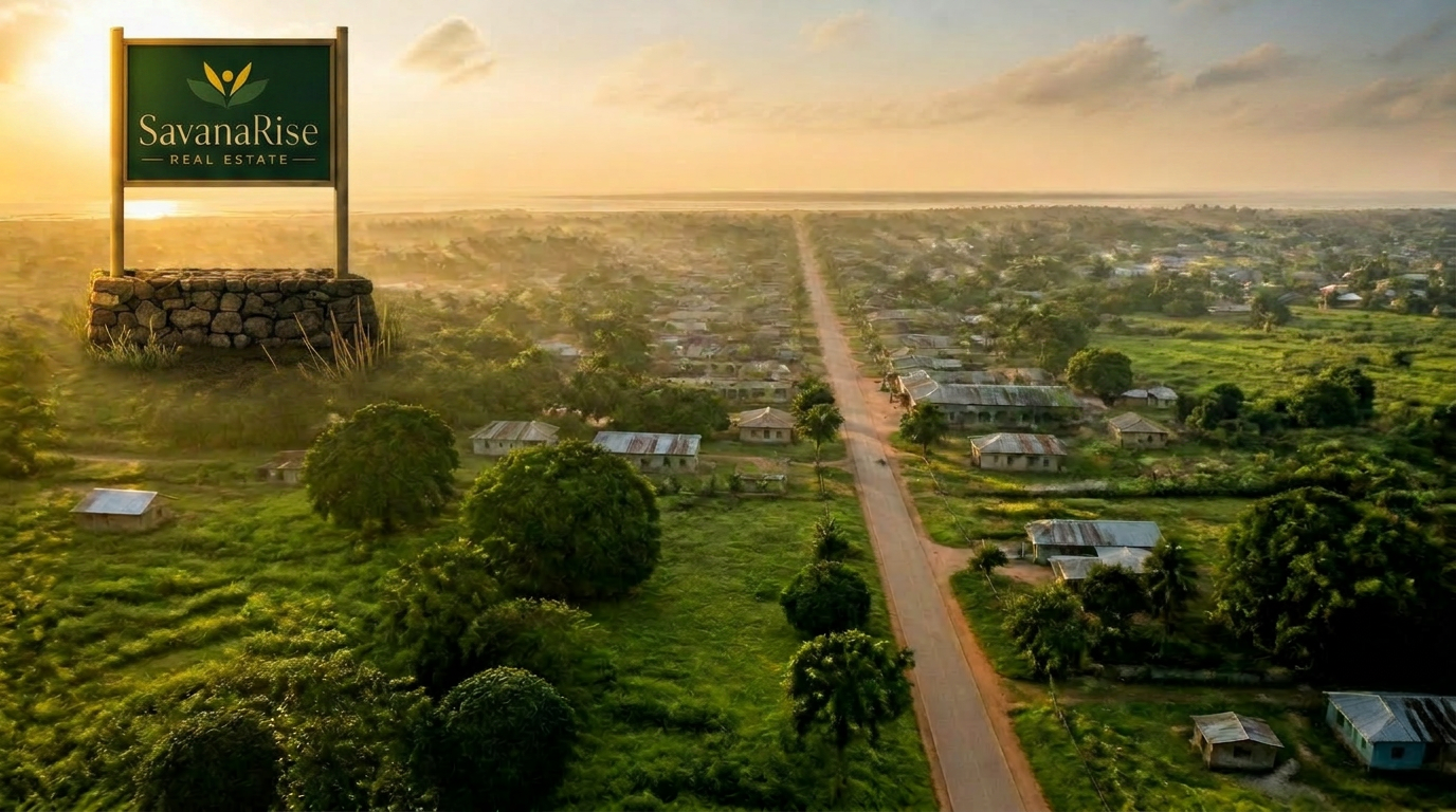 Aerial view of green farmland and palm trees near Pirang, The Gambia