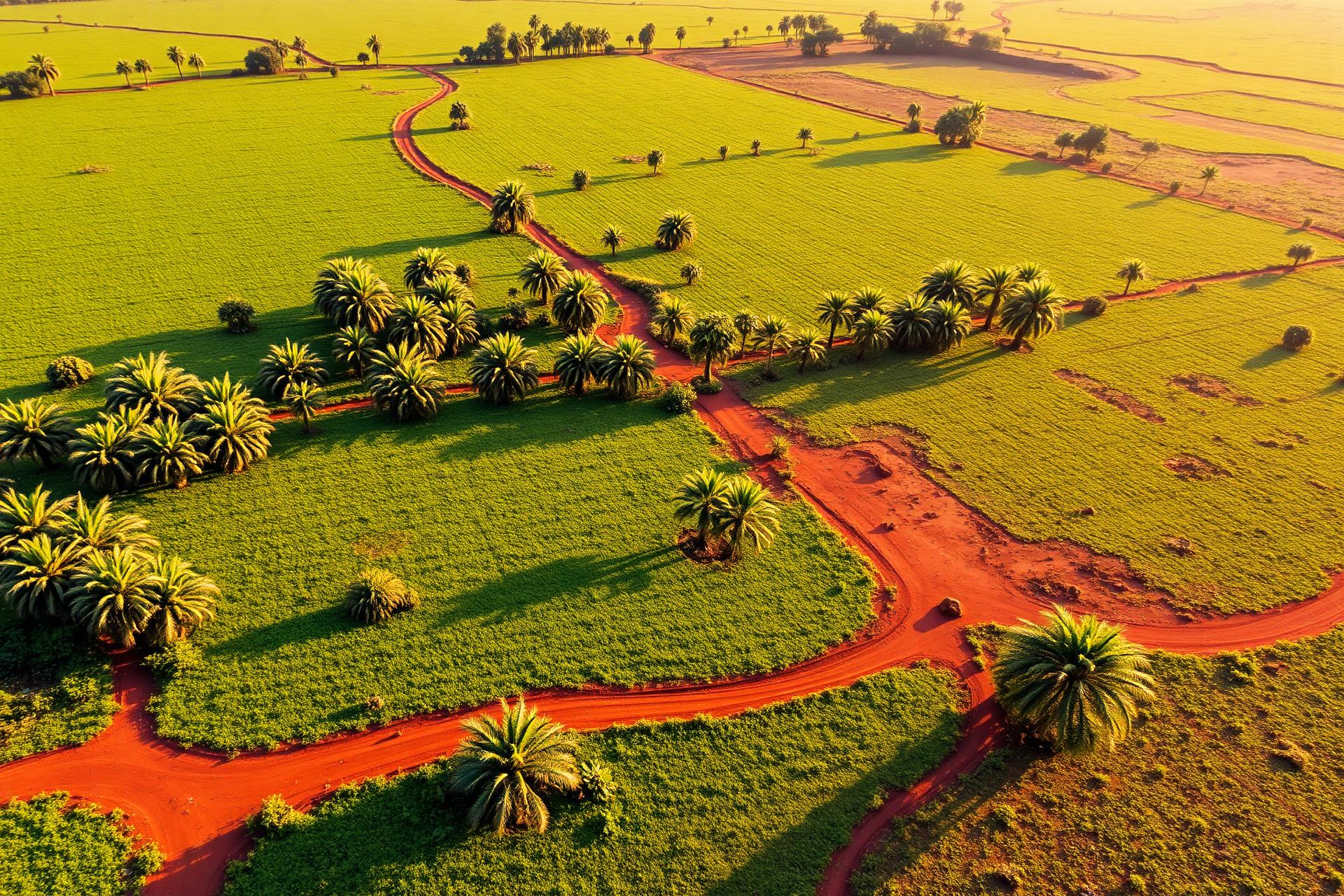 Aerial view of green farmland and palm trees near Pirang, The Gambia