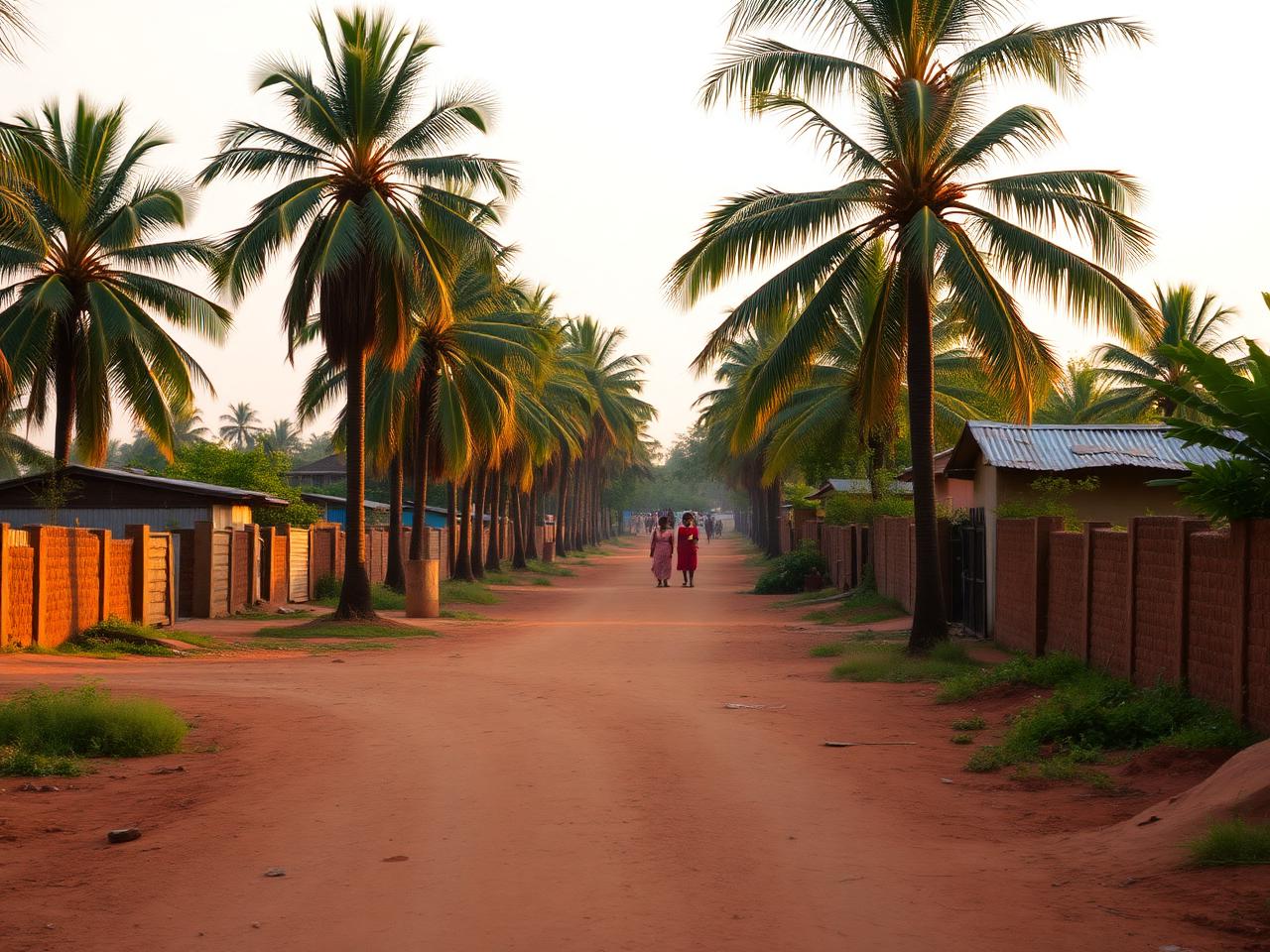 Village road with palm trees in The Gambia